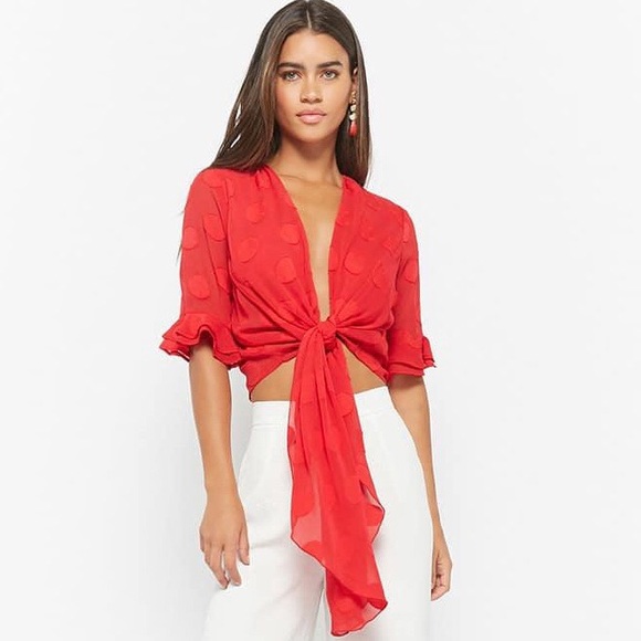 Forever 21 Tops - sheer polka dot tie front blouse